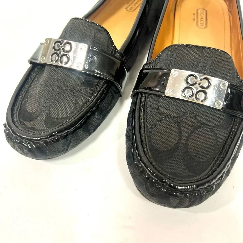Coach Black Signature Jacquard & Patent Leather Loafers with Silver Hardware Sz